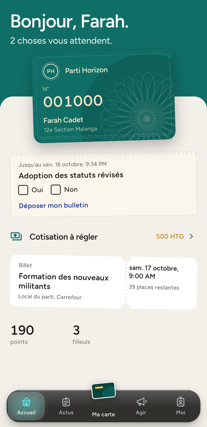 Accueil de l'application : carte de membre et ce qui attend le membre