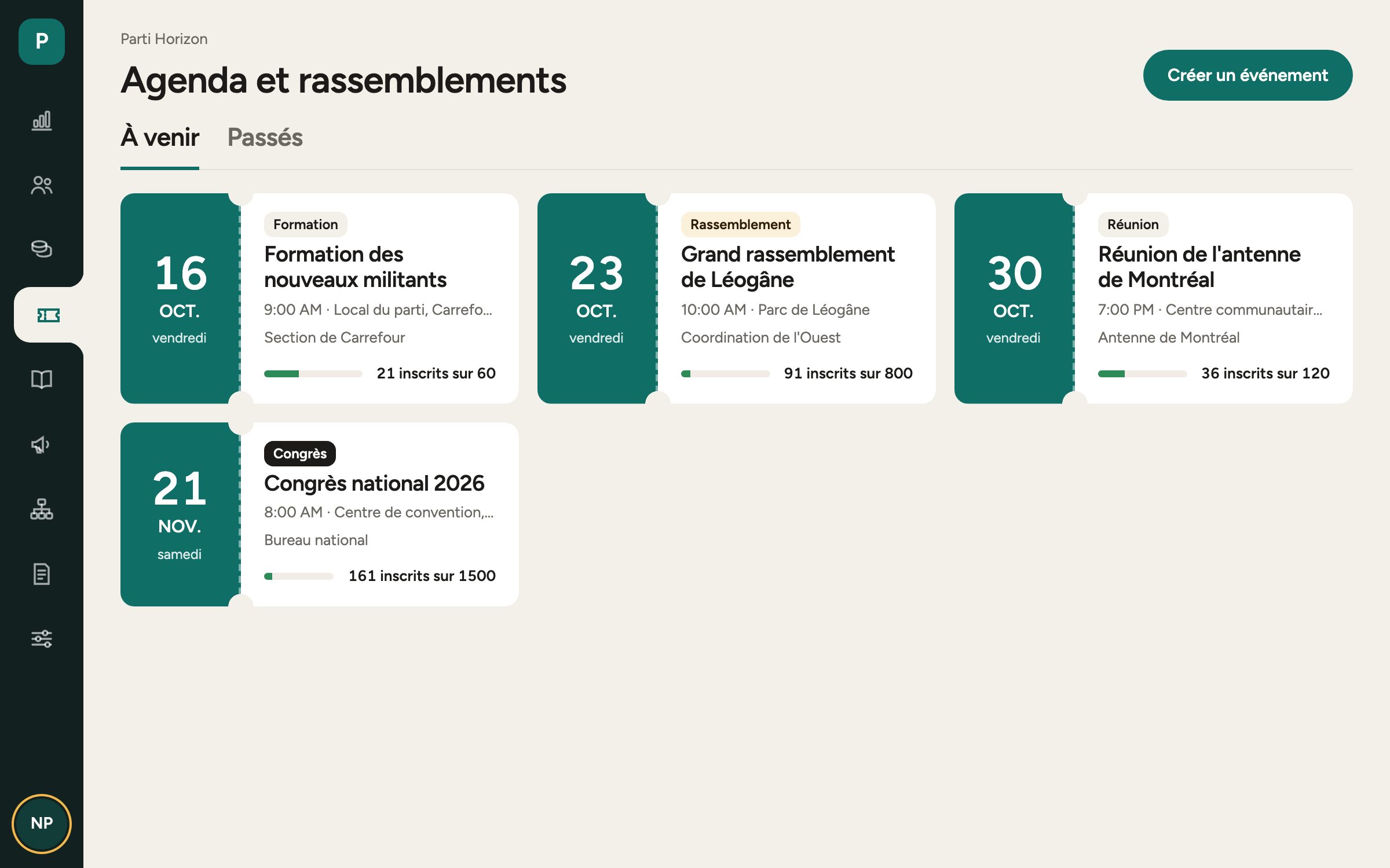 Rassemblements à venir sous forme de billets avec la jauge des inscrits