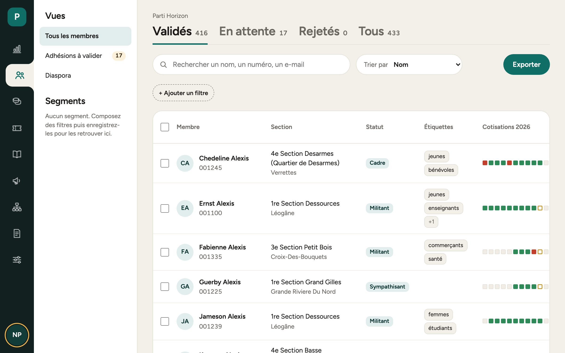 Liste des membres avec filtres, étiquettes et cotisations de l'année