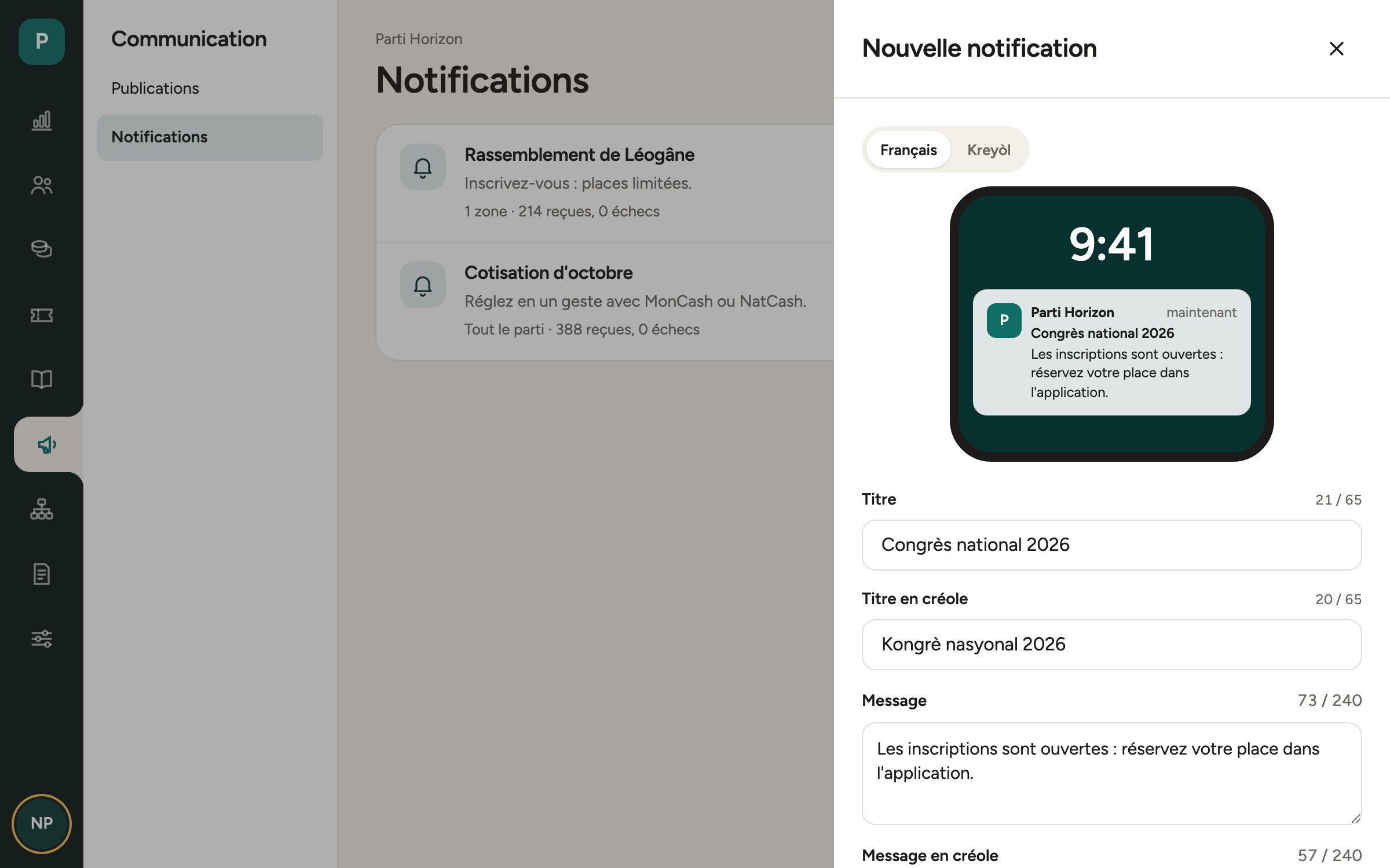 Composition d'une notification avec ciblage et aperçu sur téléphone